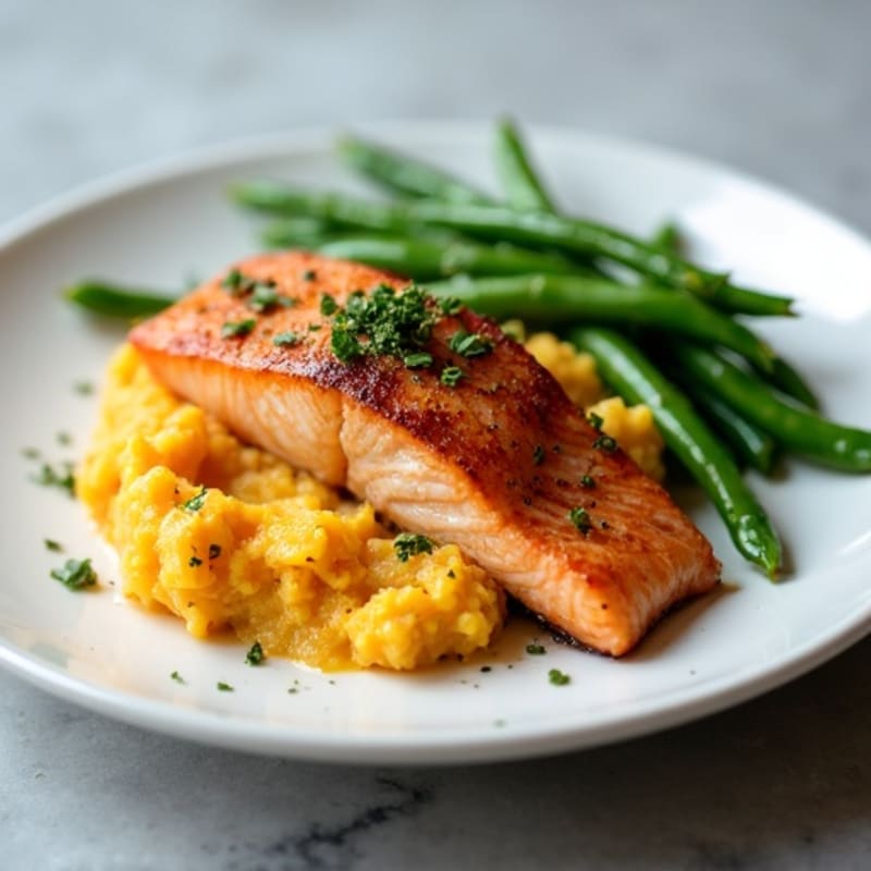 Seared Salmon with Garlic Green Beans and Mashed Sweet Potato