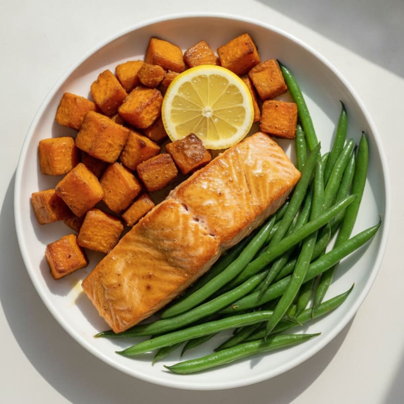 Seared Salmon with Roasted Sweet Potatoes and Green Beans