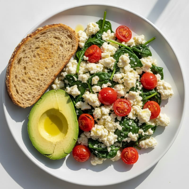 Cottage Cheese Egg White Scramble with Spinach and Cherry Tomatoes
