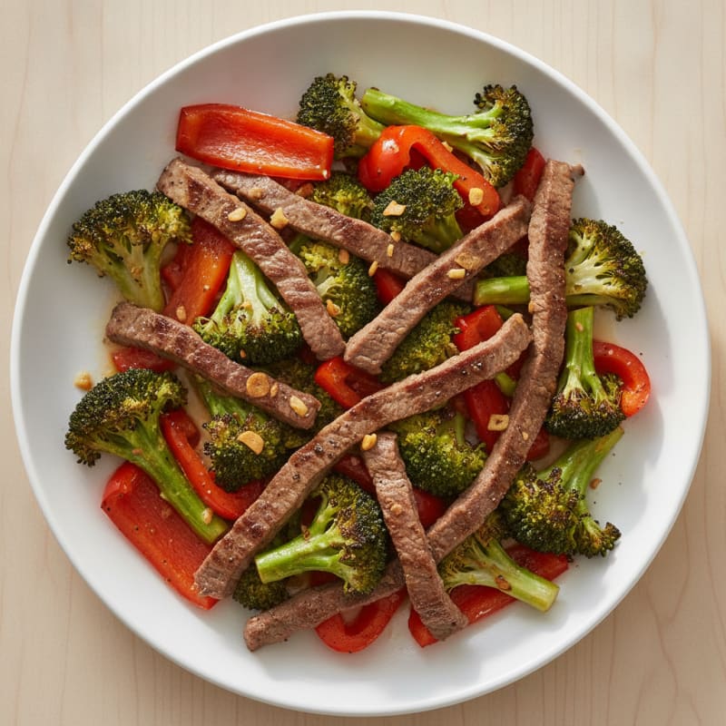 Seared Beef Strips with Roasted Broccoli and Bell Peppers