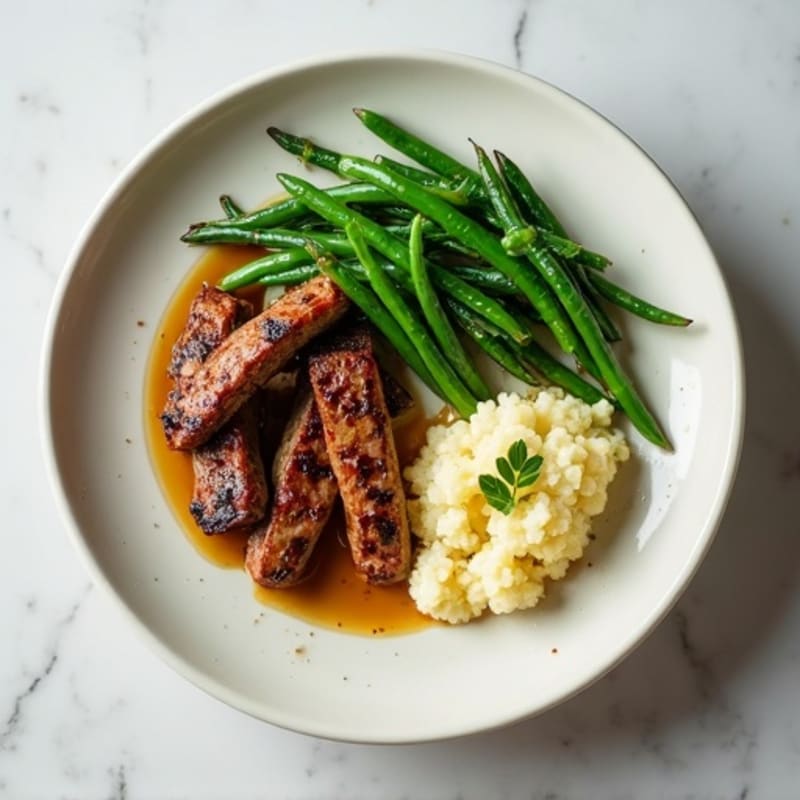 Seared Lean Beef Strips with Steamed Green Beans and Cauliflower Mash
