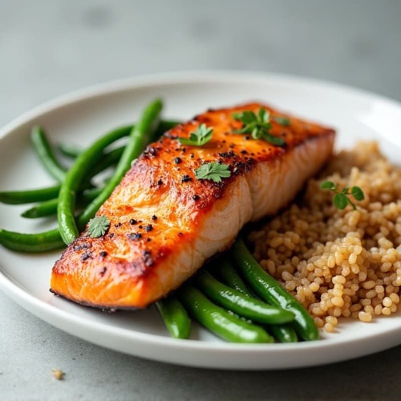 Seared Salmon with Steamed Green Beans and Brown Rice