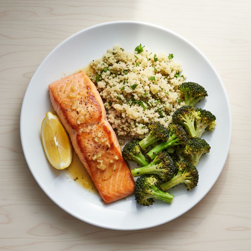 Seared Salmon Fillet with Roasted Broccoli and Garlic Quinoa