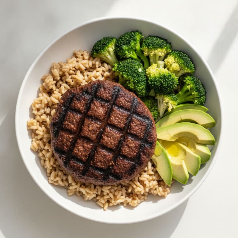 Grilled Bison Burger Bowl with Brown Rice and Broccoli