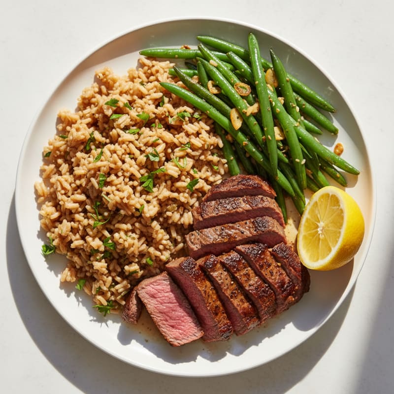 Seared Beef Steak with Garlic Green Beans and Herb Rice