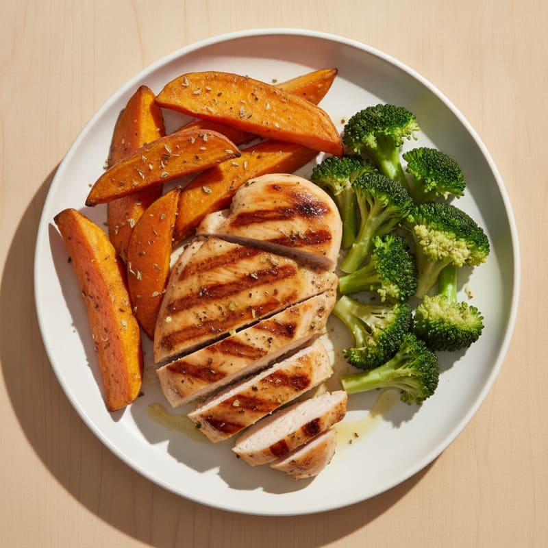 Grilled Chicken Breast with Roasted Sweet Potato and Steamed Broccoli