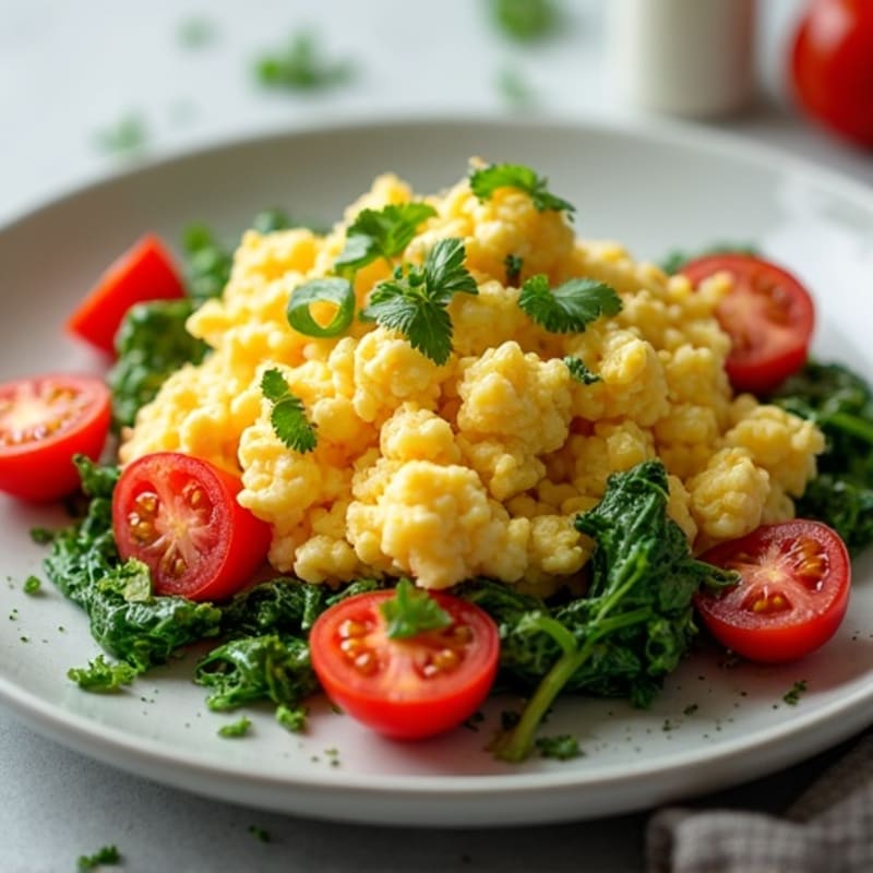 Fluffy Scrambled Eggs with Sautéed Greens and Cherry Tomatoes