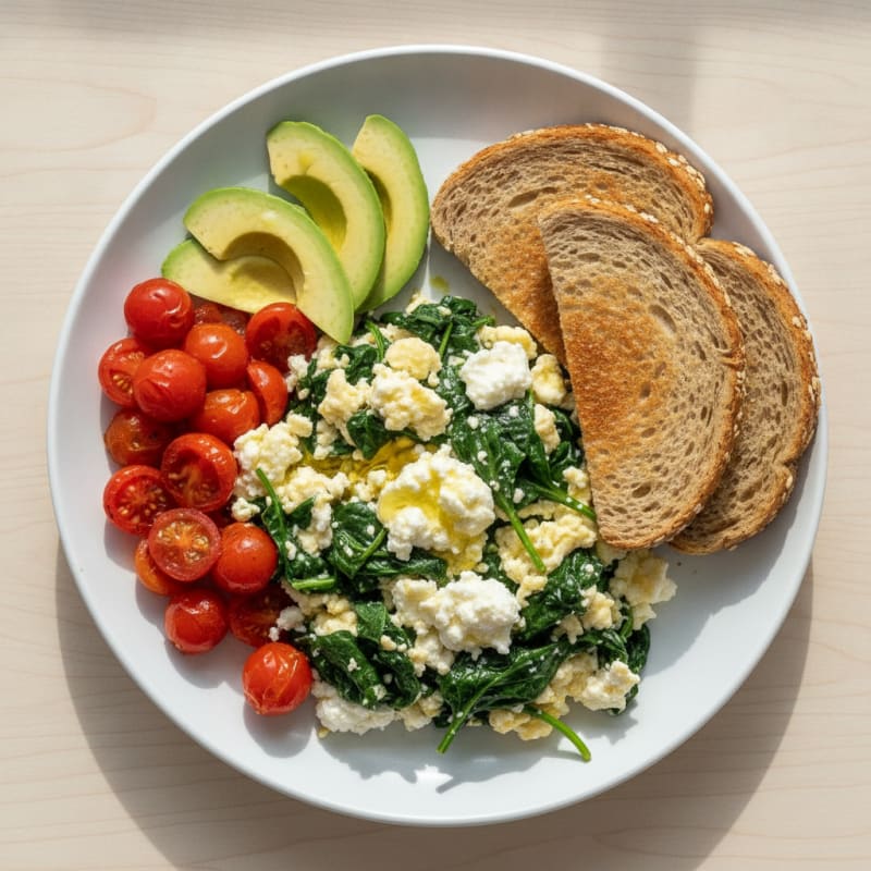 Egg White and Spinach Scramble with Cottage Cheese and Cherry Tomatoes