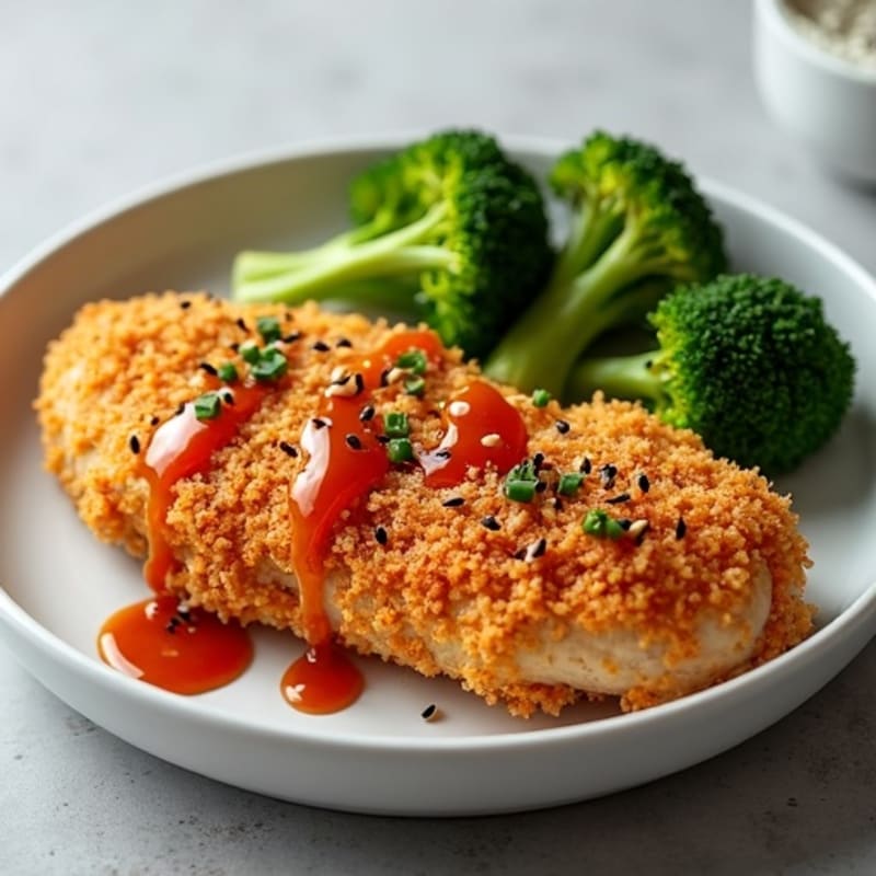 Crispy Chicken with Sweet and Spicy Sesame Sauce and Stir-Fried Broccoli