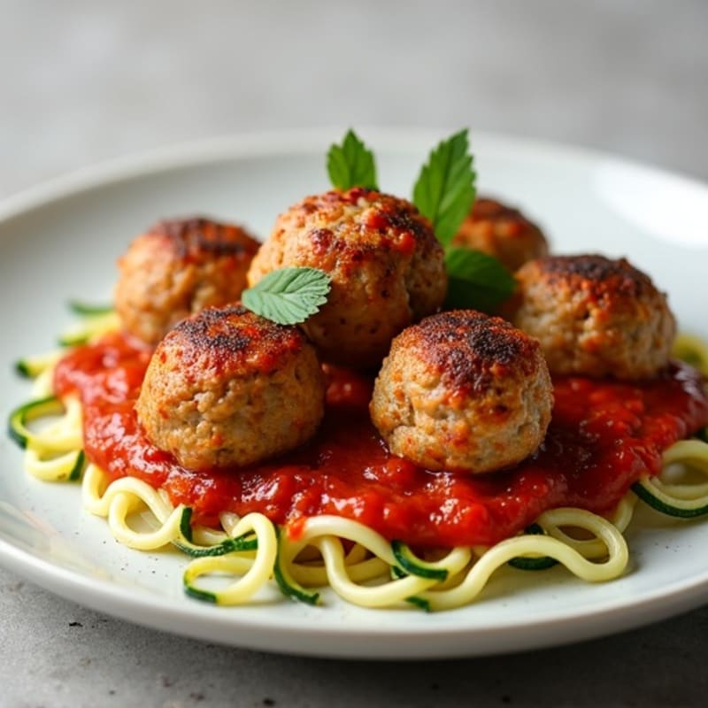 Tender Baked Turkey Meatballs with Zucchini Ribbons and Fresh Marinara