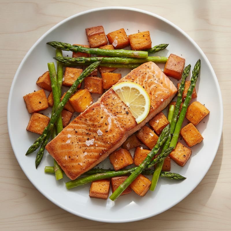 Seared Salmon Fillet with Roasted Sweet Potatoes and Asparagus
