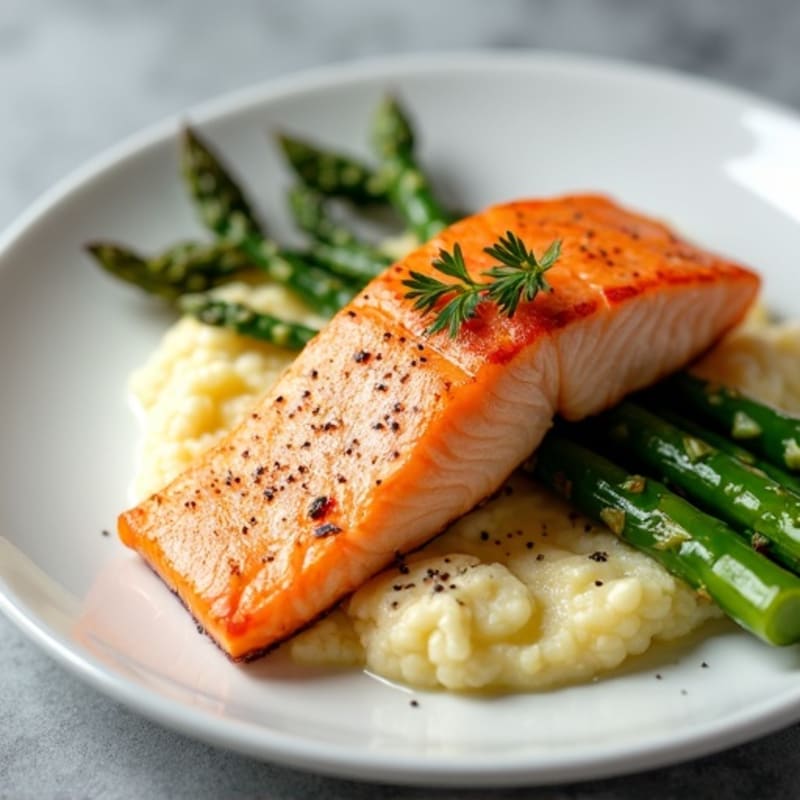 Seared Salmon Fillet with Roasted Asparagus and Cauliflower Mash