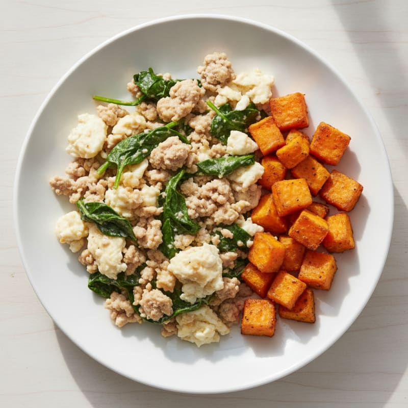 Egg White and Turkey Spinach Scramble with Roasted Sweet Potato