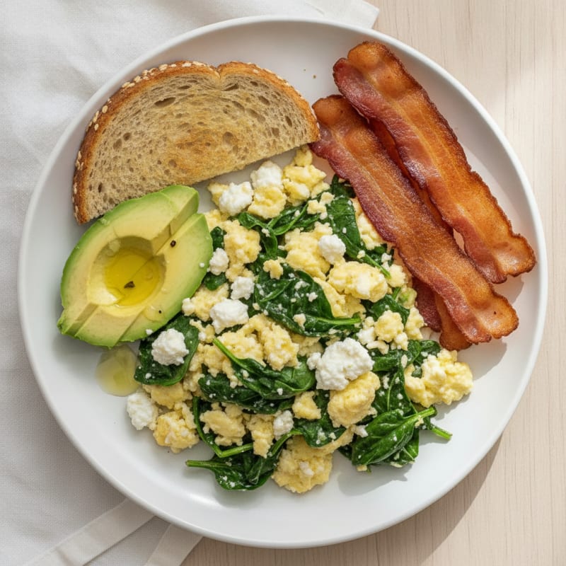 Cottage Cheese Scramble with Spinach and Turkey Bacon