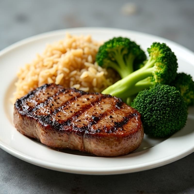 Seared Sirloin Steak with Garlic Brown Rice and Steamed Broccoli