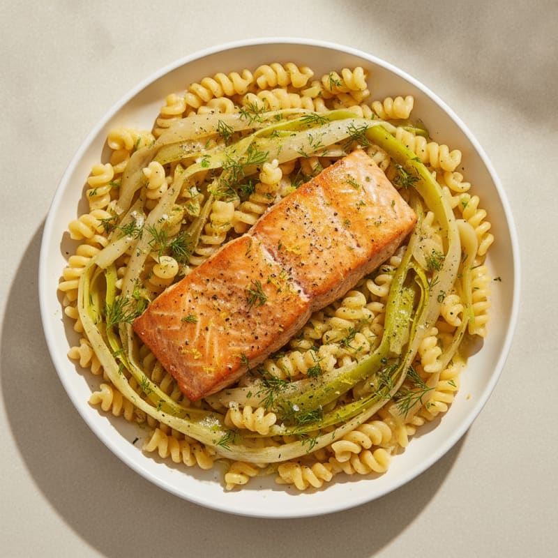Roasted Salmon and Leeks with Chickpea Pasta