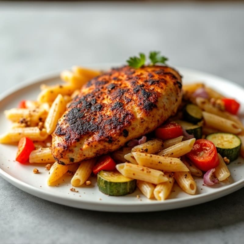 Spicy Blackened Chicken with Whole Wheat Pasta and Roasted Vegetables