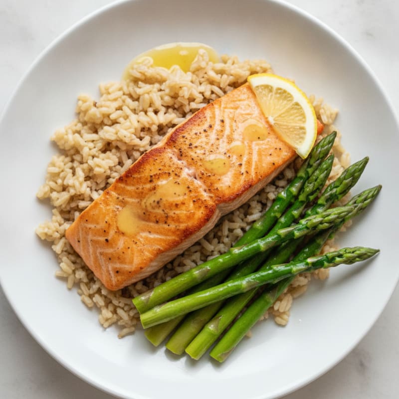 Seared Salmon with Steamed Asparagus and Brown Rice