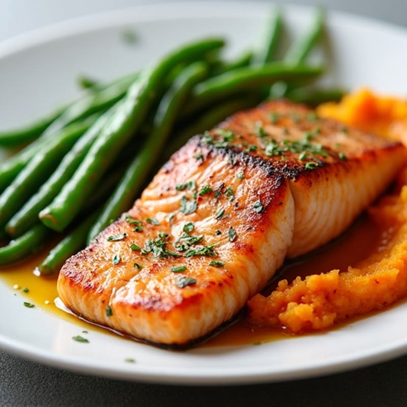 Seared Salmon with Garlic Green Beans and Sweet Potato Mash