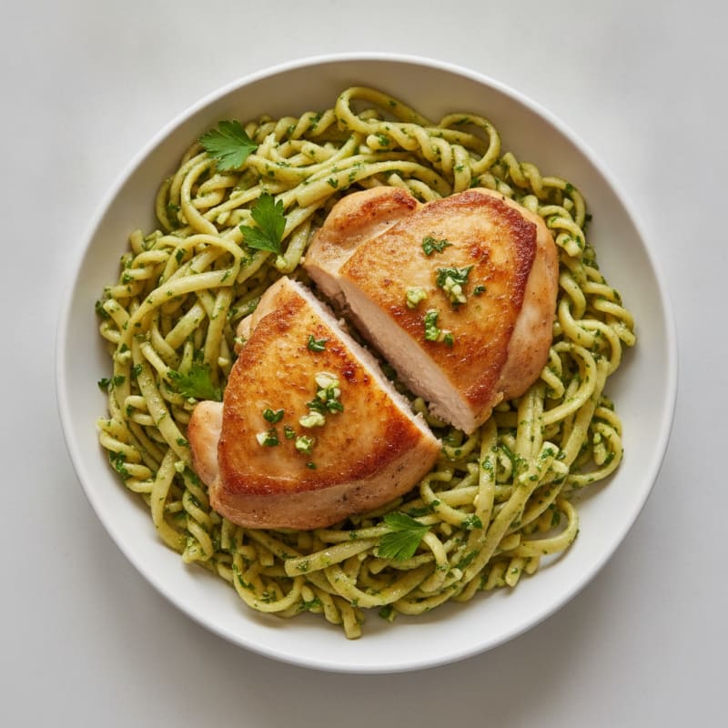 Seared Chicken Thighs with Garlic Herb Noodles