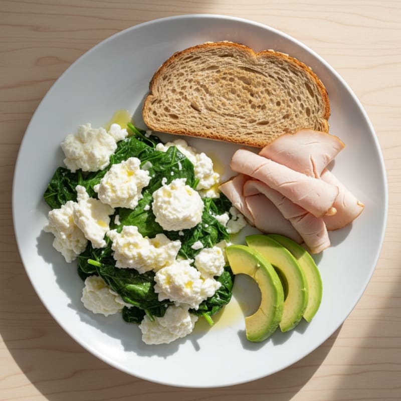 Egg White and Spinach Scramble with Cottage Cheese and Sliced Turkey