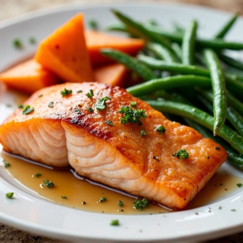 Maple-Glazed Salmon with Roasted Sweet Potatoes and Green Beans