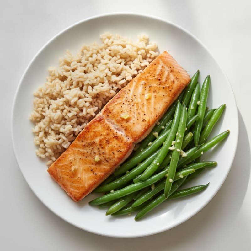 Seared Salmon with Garlic Green Beans and Brown Rice