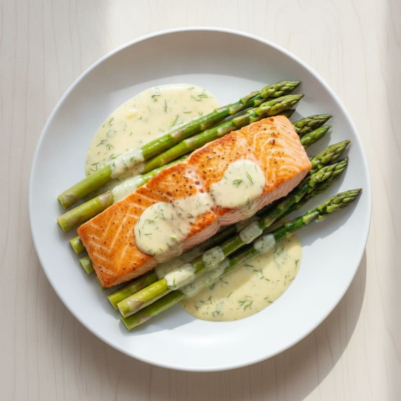 Seared Salmon Fillet with Steamed Asparagus and Lemon-Dill Yogurt Sauce