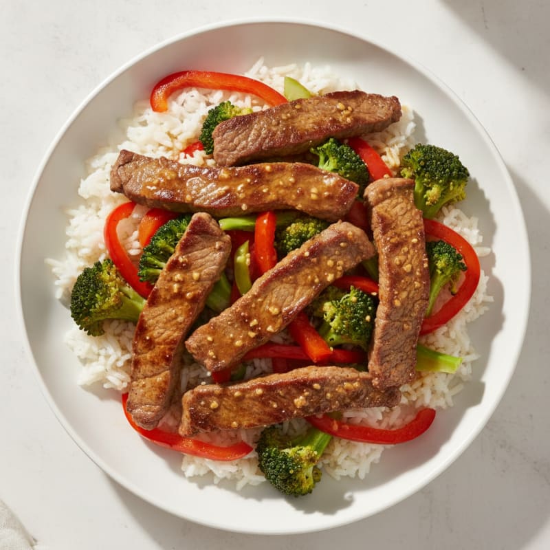 Seared Beef Strips with Steamed Jasmine Rice and Stir-Fried Vegetables