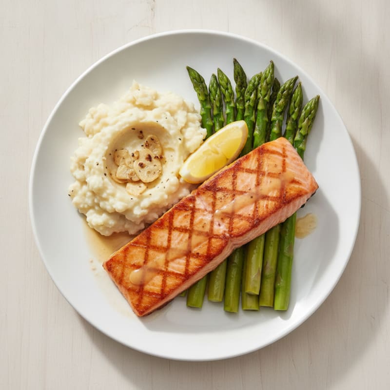 Seared Salmon with Steamed Asparagus and Garlic Cauliflower Mash