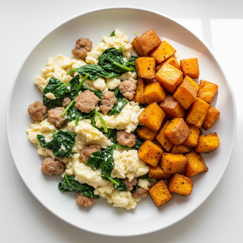 Egg White and Turkey Sausage Scramble with Spinach and Roasted Sweet Potatoes