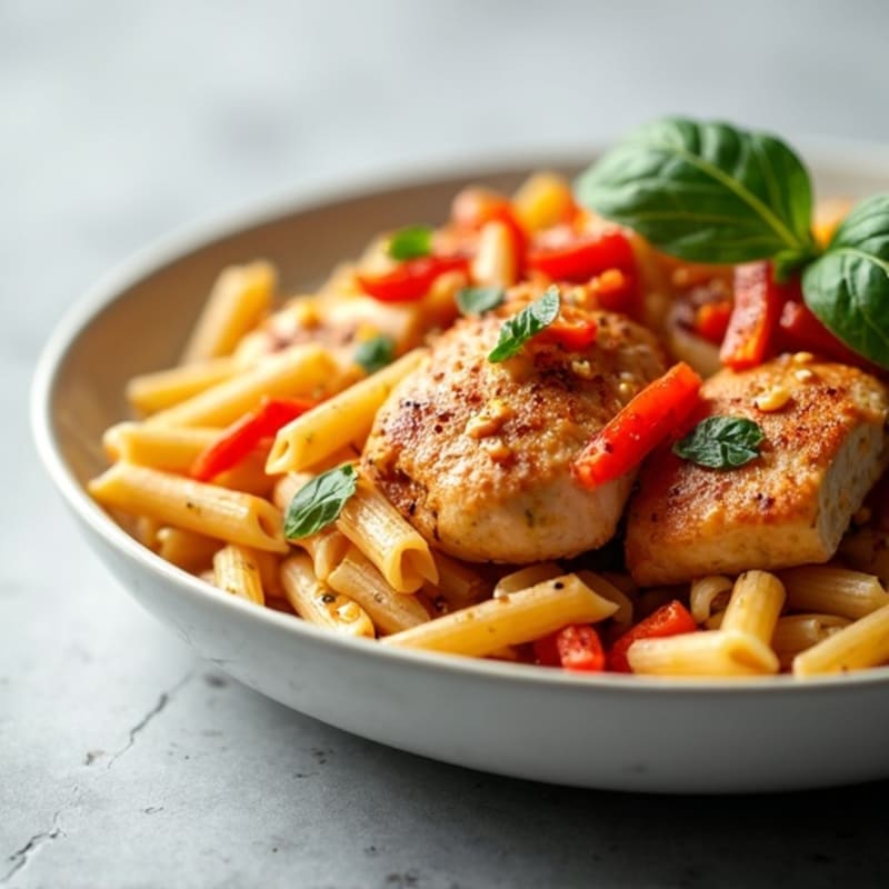 Spicy Pan-Seared Chicken Pasta with Bell Peppers and Onions