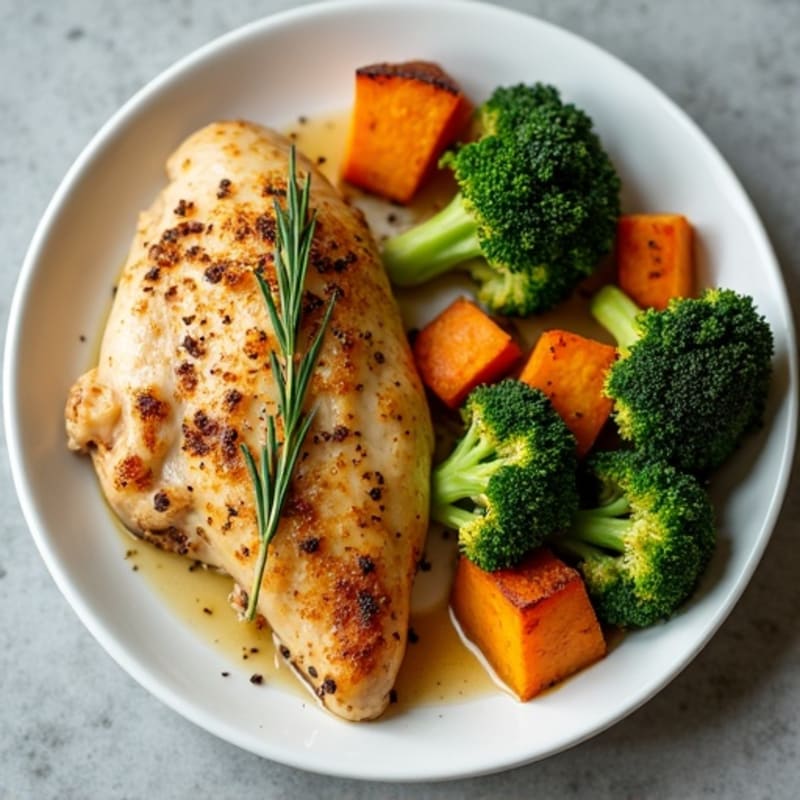 Lemon Herb Roasted Chicken with Crispy Roasted Broccoli and Sweet Potato