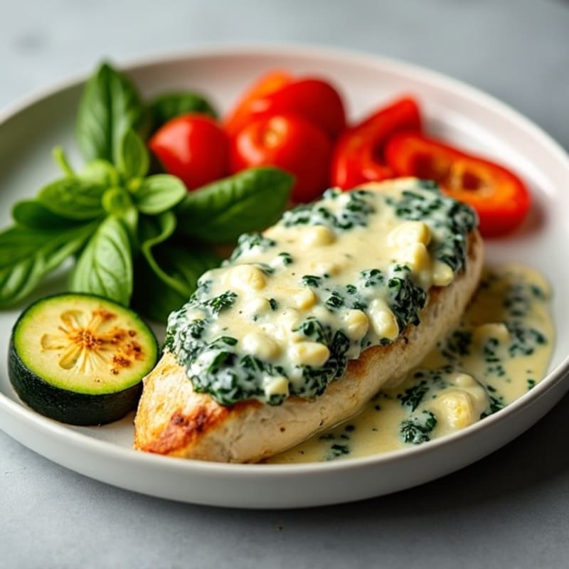 Baked Creamy Spinach Artichoke Chicken with Roasted Veggies
