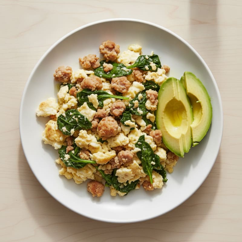 Egg White Scramble with Turkey Sausage and Sautéed Spinach