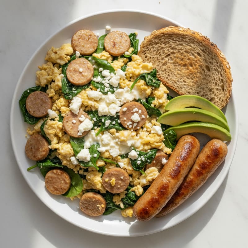 Egg White and Turkey Sausage Scramble with Spinach and Feta