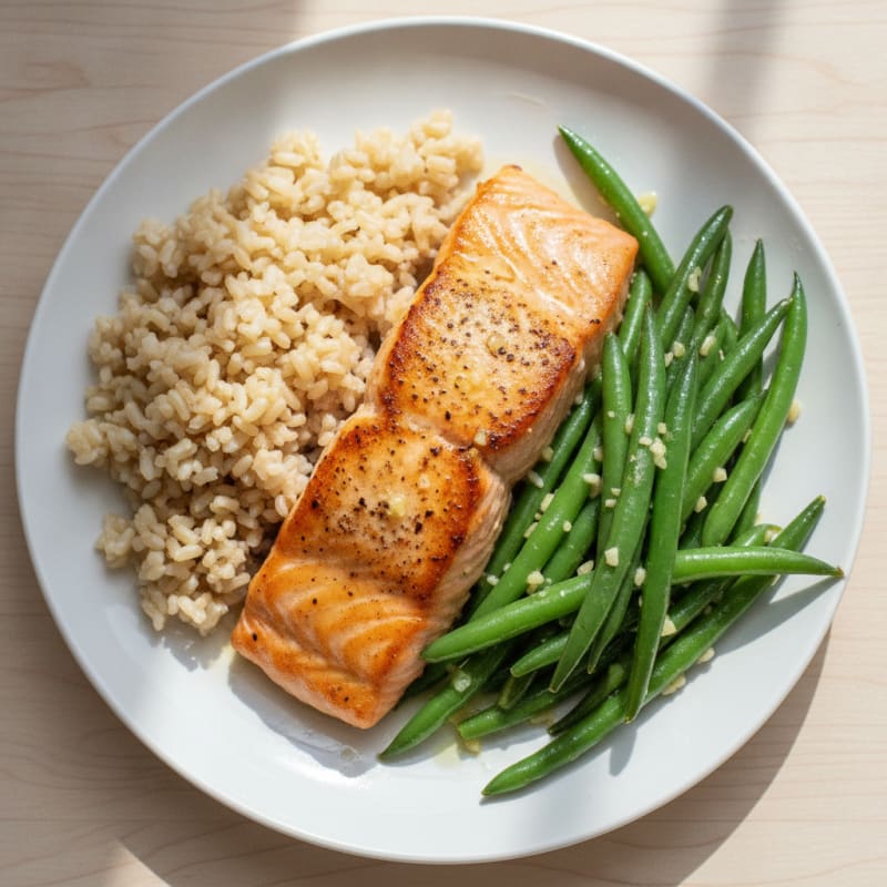 Seared Salmon with Garlic Green Beans and Brown Rice