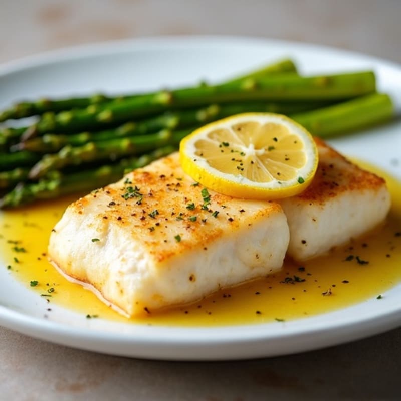 Lemon Garlic Pan-Seared Flaky Cod with Roasted Asparagus