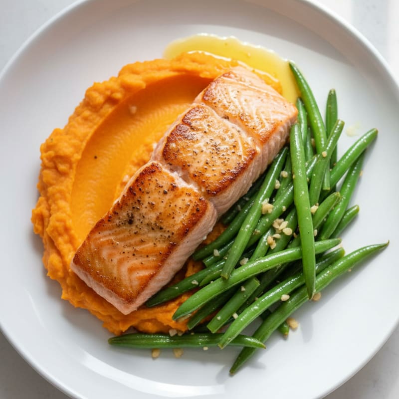 Seared Salmon Fillet with Garlic Green Beans and Sweet Potato Mash