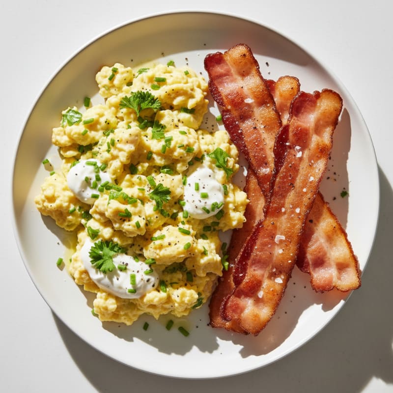 Creamy Herbed Scrambled Eggs with Crispy Bacon