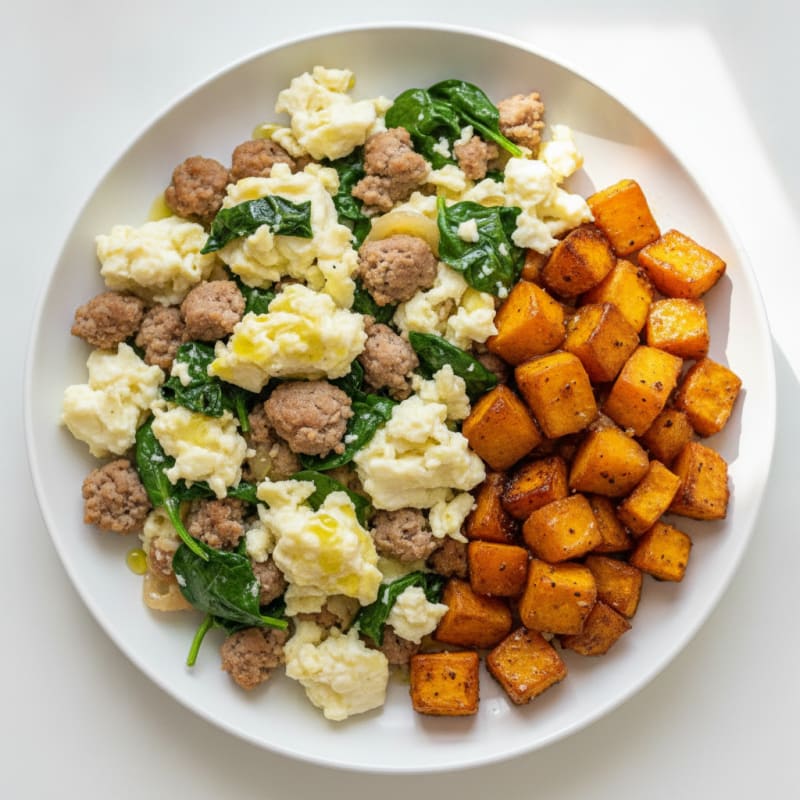 Egg White and Turkey Sausage Scramble with Spinach and Roasted Sweet Potatoes