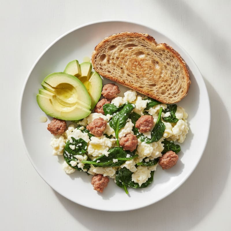 Egg White Scramble with Turkey Sausage and Sautéed Spinach