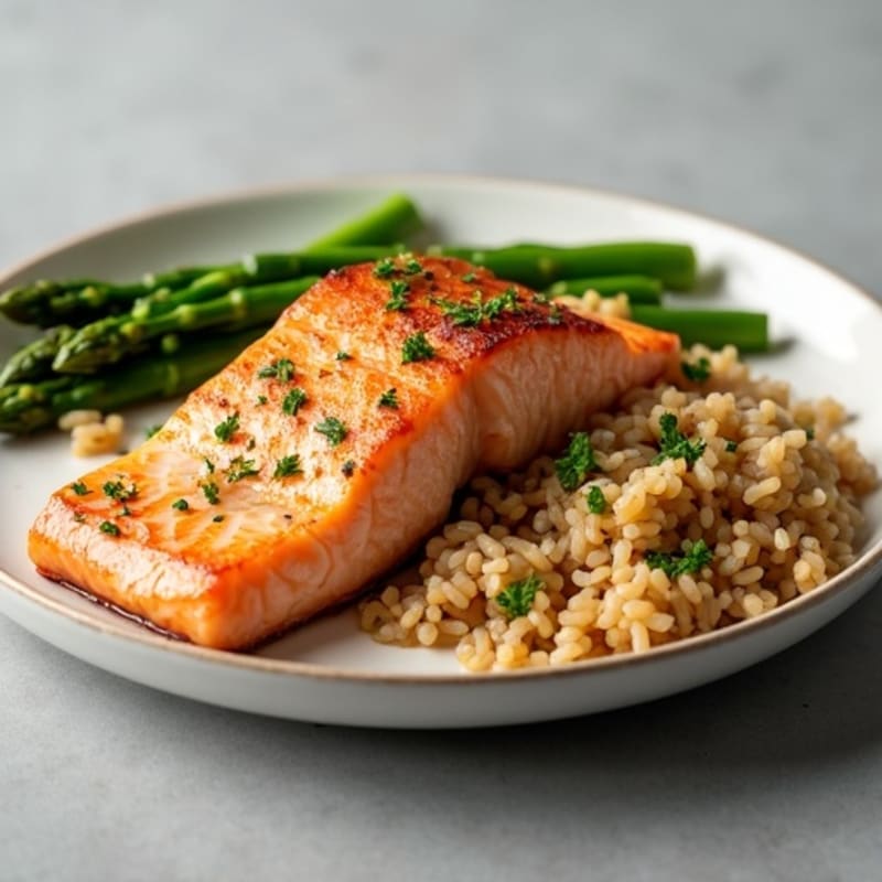 Seared Salmon with Steamed Asparagus and Brown Rice