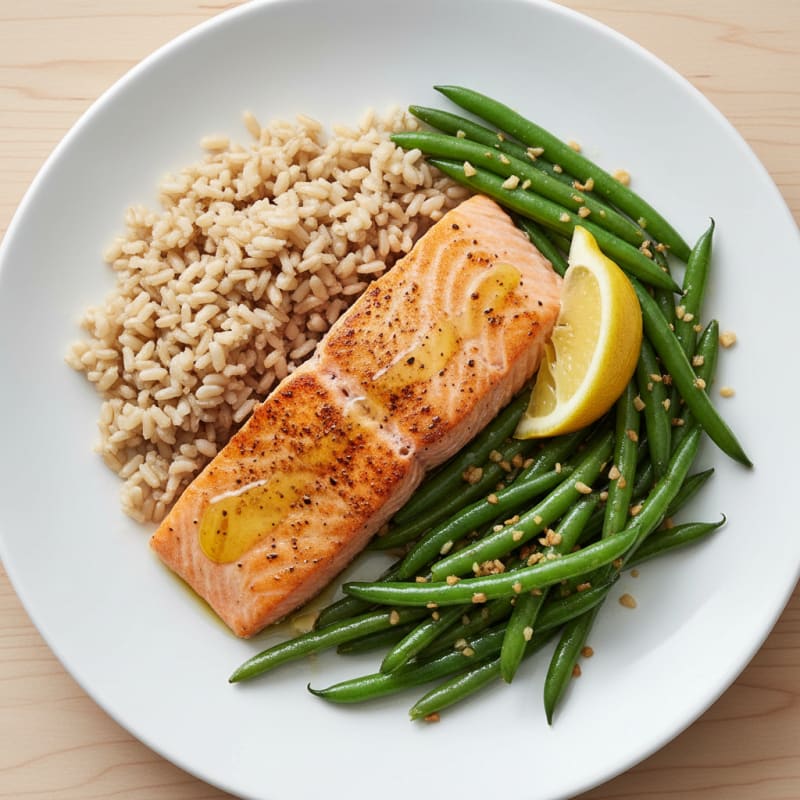 Seared Salmon Fillet with Garlic Green Beans and Brown Rice