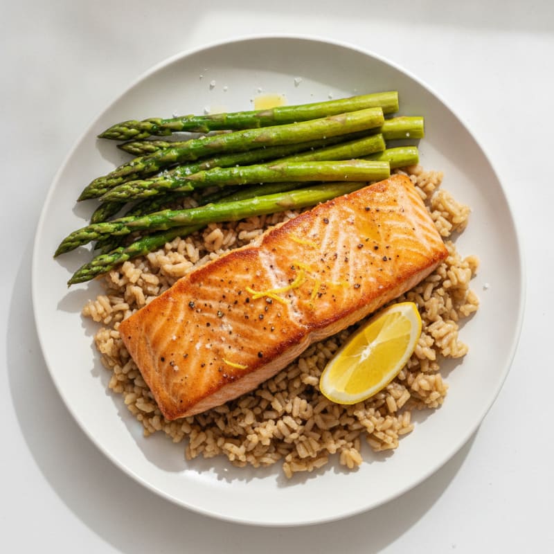 Seared Salmon with Steamed Asparagus and Brown Rice
