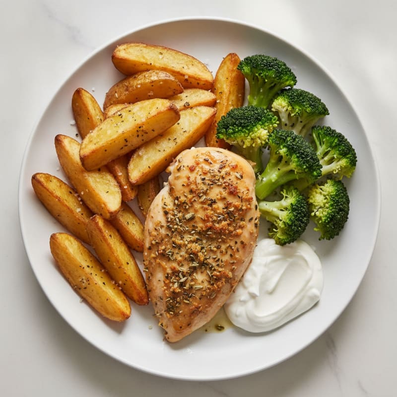 Baked Herb Chicken Breast with Crispy Potato Wedges and Steamed Broccoli