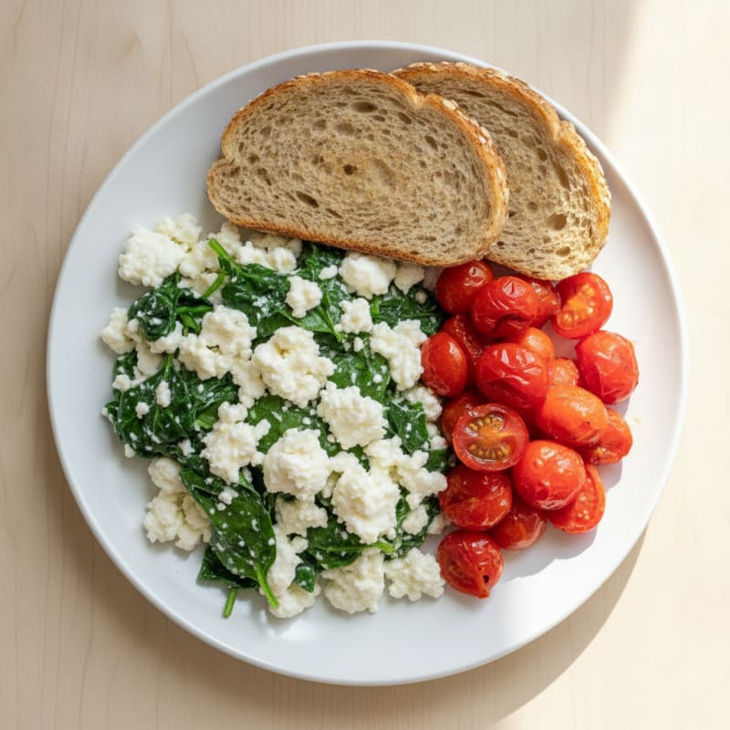 Egg White and Spinach Scramble with Cottage Cheese and Cherry Tomatoes