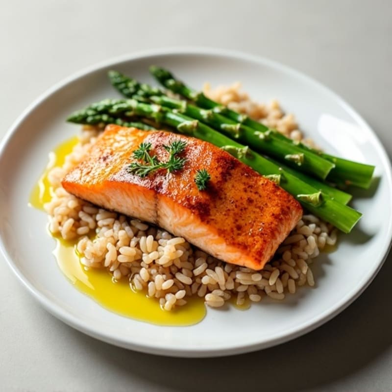 Seared Salmon with Steamed Asparagus and Brown Rice