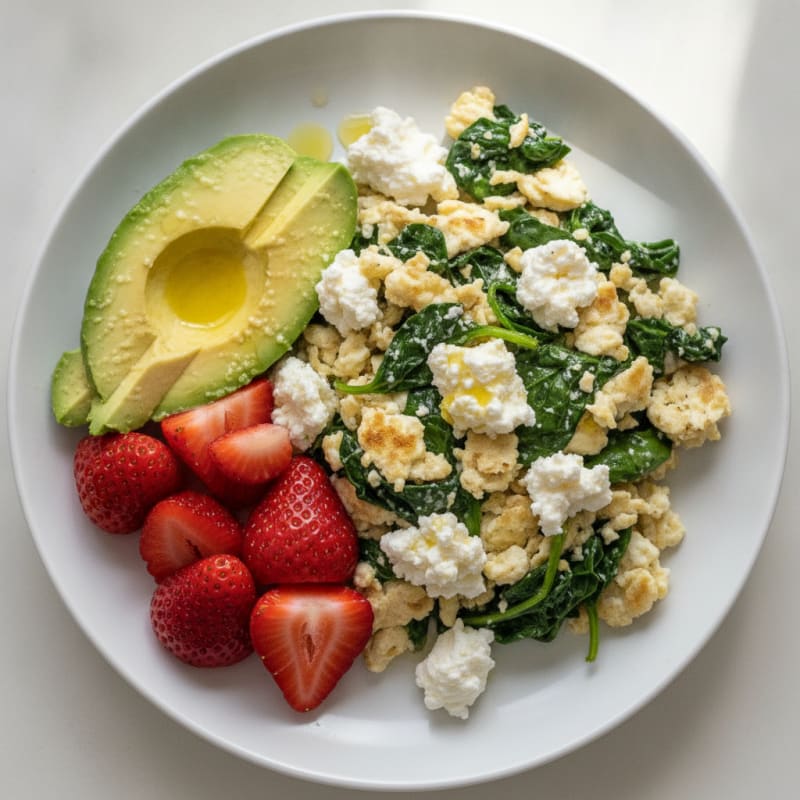 Egg White Spinach Scramble with Cottage Cheese and Berries