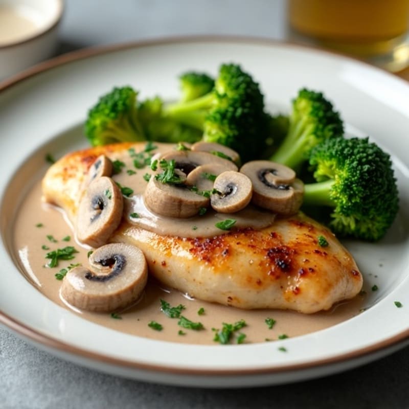Pan-Seared Chicken with Creamy Mushroom Sauce and Roasted Broccoli